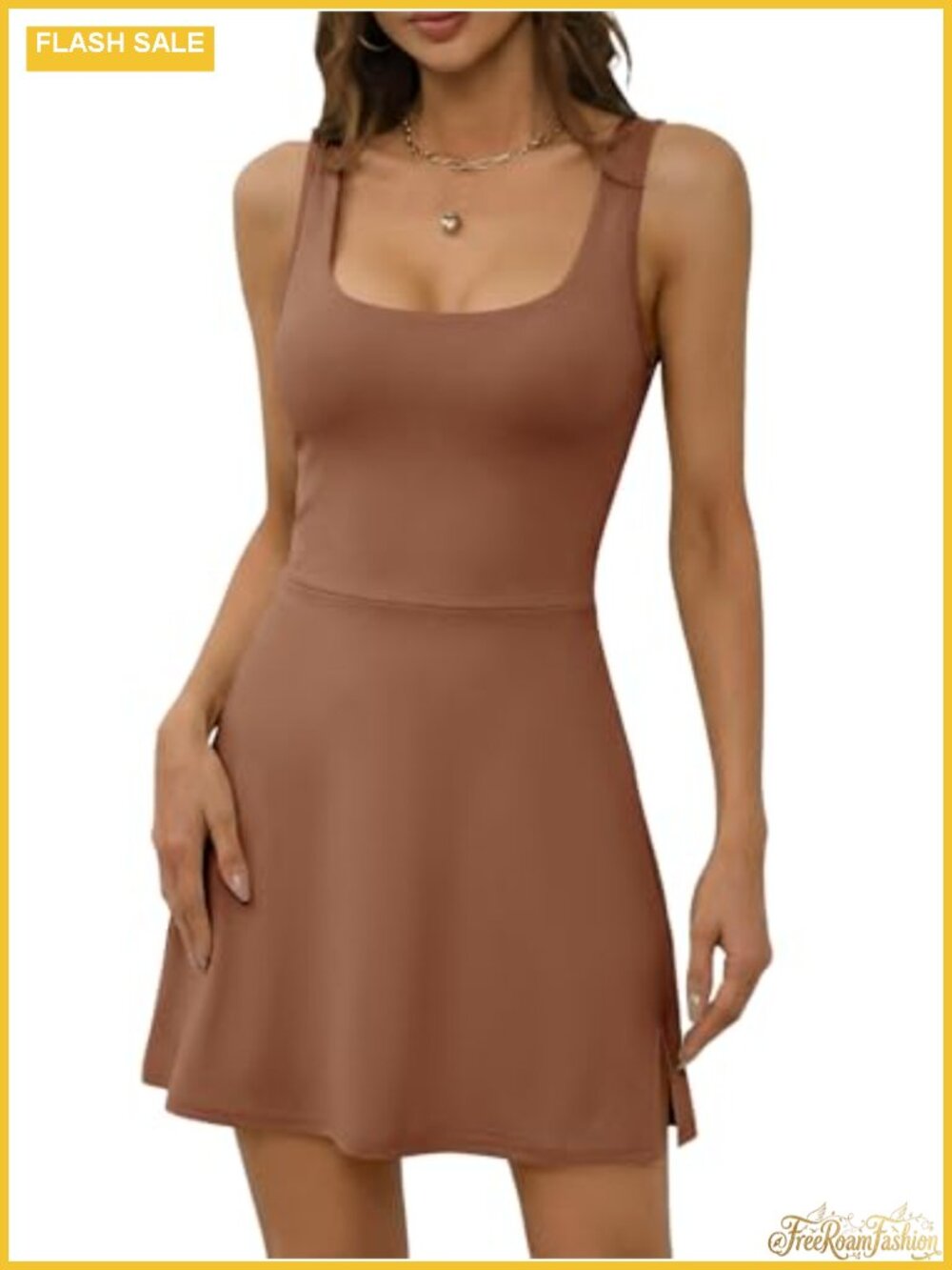 Athletic Mini Tennis Dress with Shorts Sleeveless Square Neck Bodycon